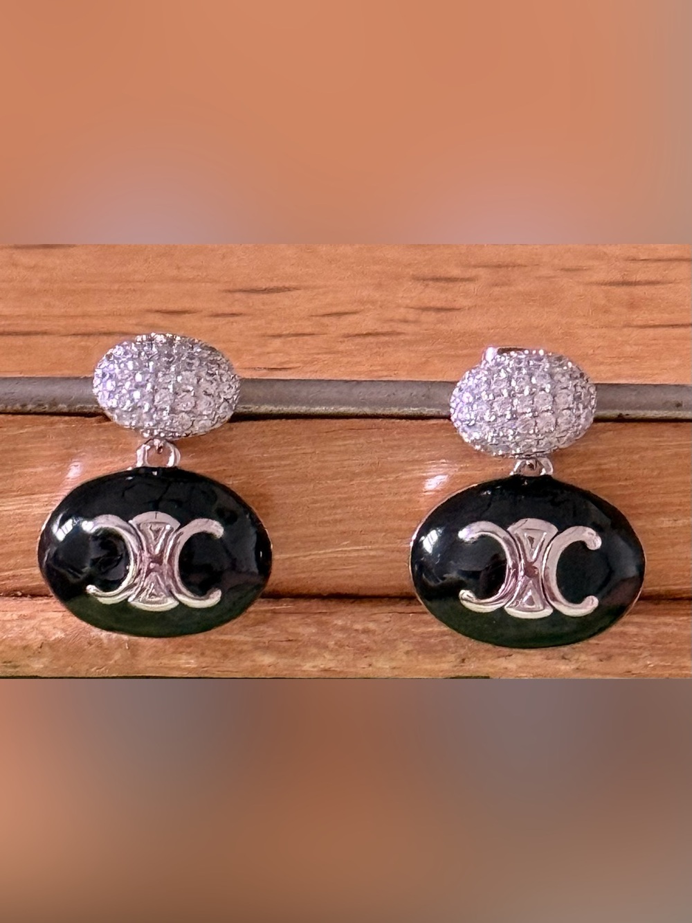 Celine Black Enamel Double-C Drop Earrings with Pavé rhinestones Top